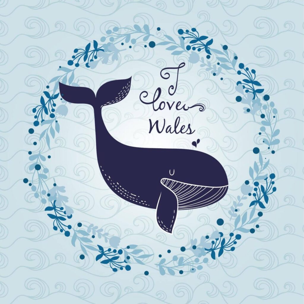 Whale with abstract wave pattern and floral frame