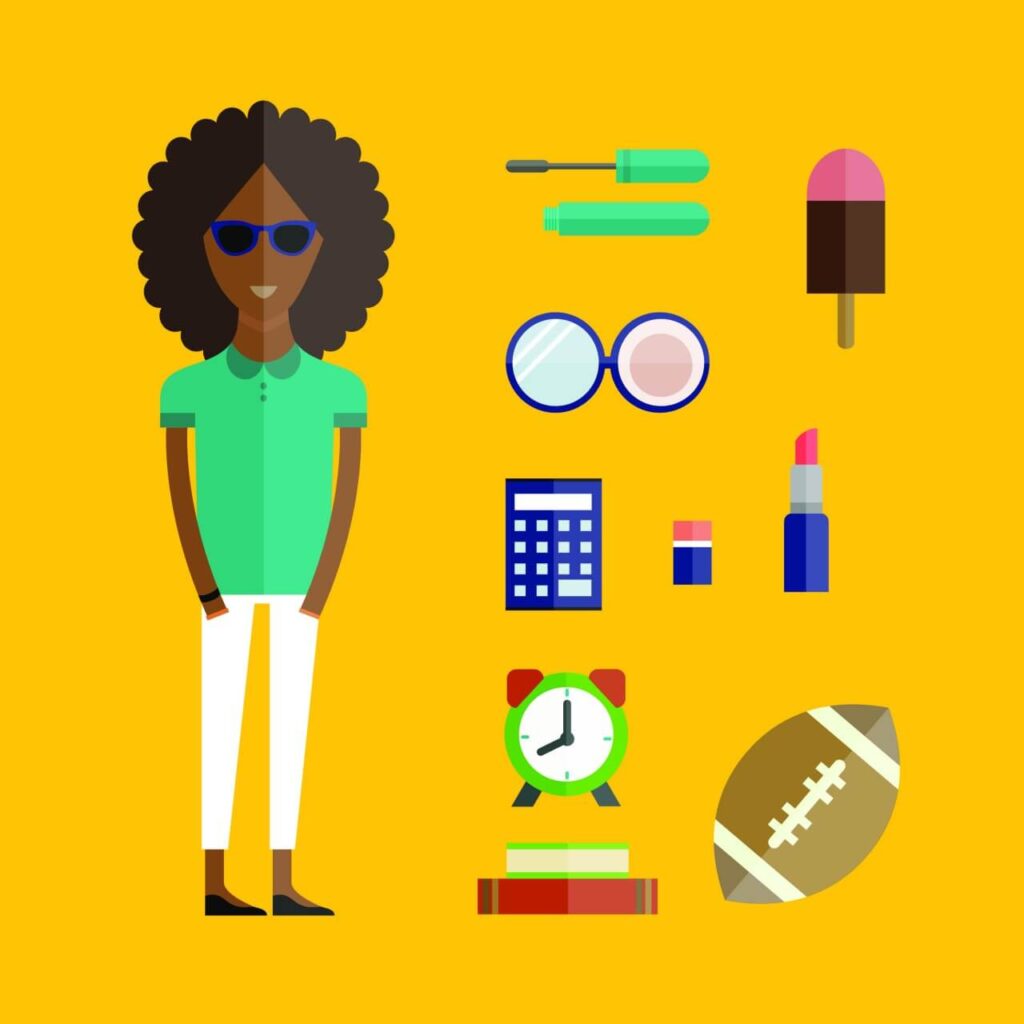 People vector afro girl character with tools and objects. Free illustration for design