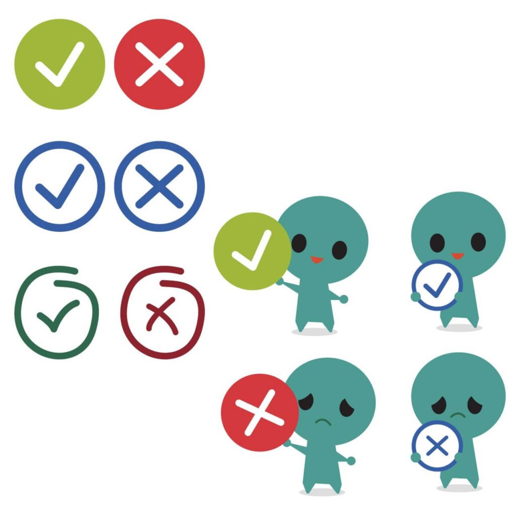 Correct and incorrect icons with mascot