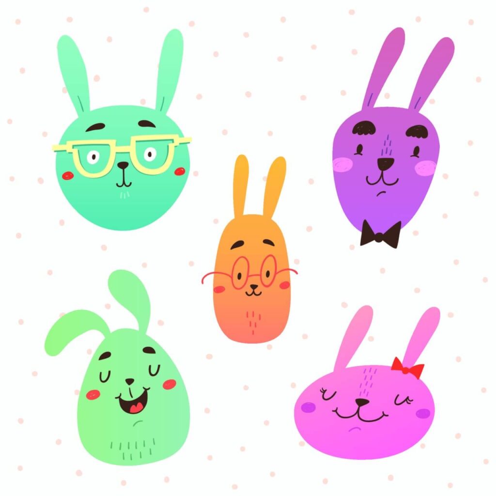 Funny bunnies faces vector set