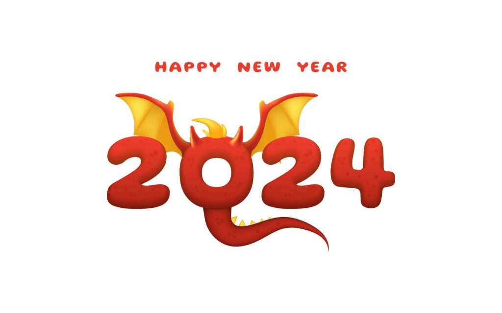 2024 calendar invitation with a red new year dragon. The design features a cute wings and tail, blending modern and fantasy elements. The illustration exudes happiness. Not Free Vector