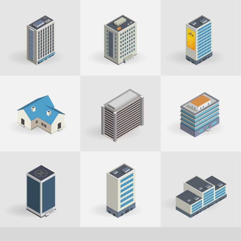 Isometric vector buildings icons