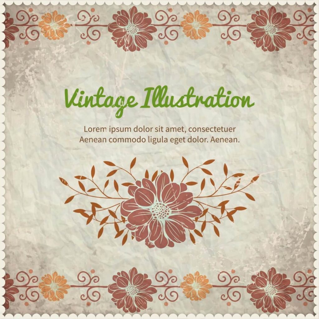 Vintage floral illustration with frame,typography and paper texture