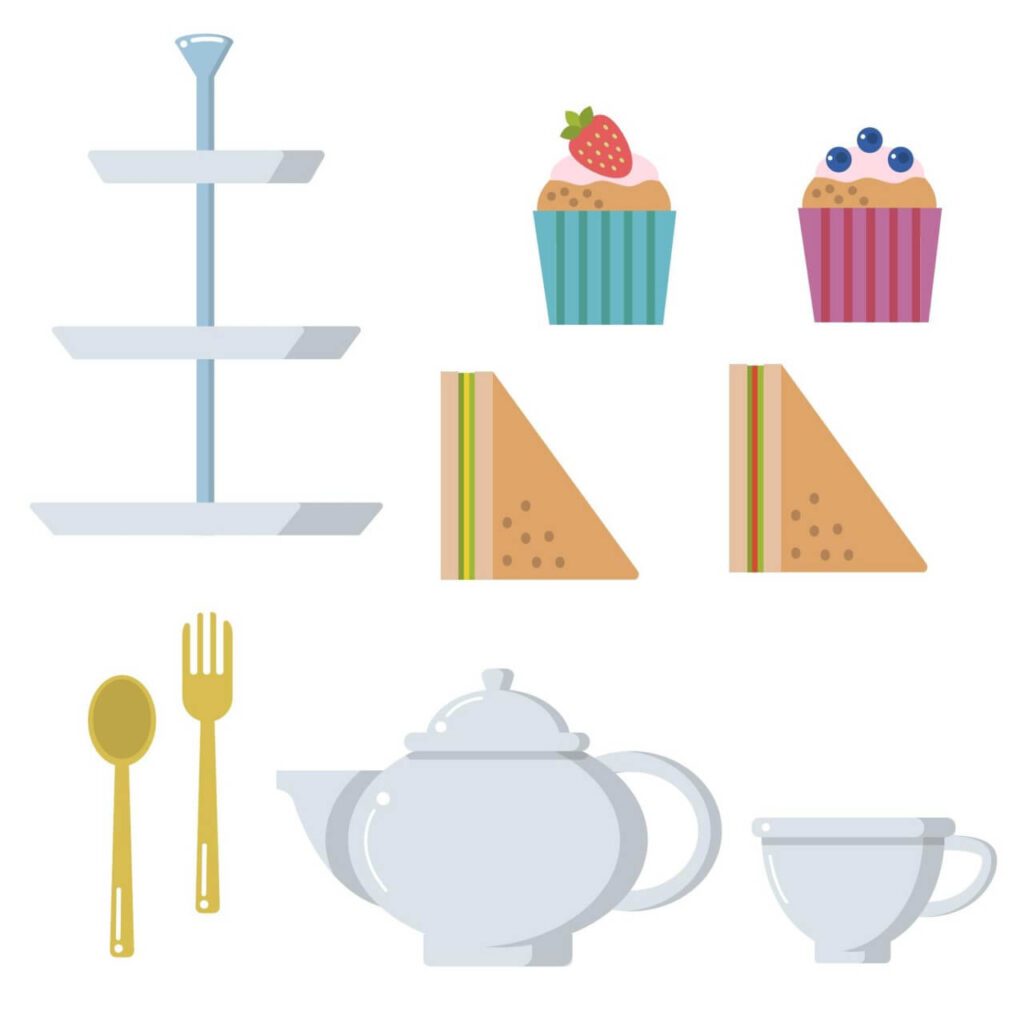 Tea time pot cup muffin sandwich vector set