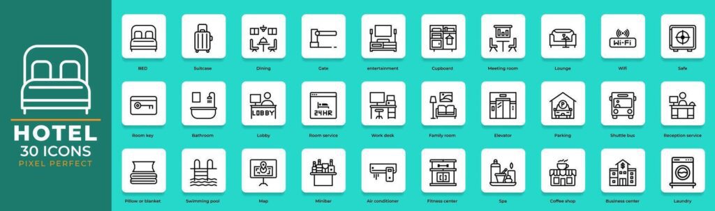 30 sets of outline hotel icons. motel, hostel, editable stroke collection and pixel perfect. Stock Free