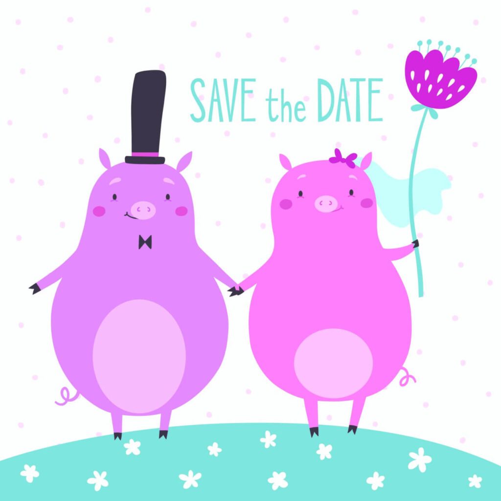 Save the date vector card with cute pigs