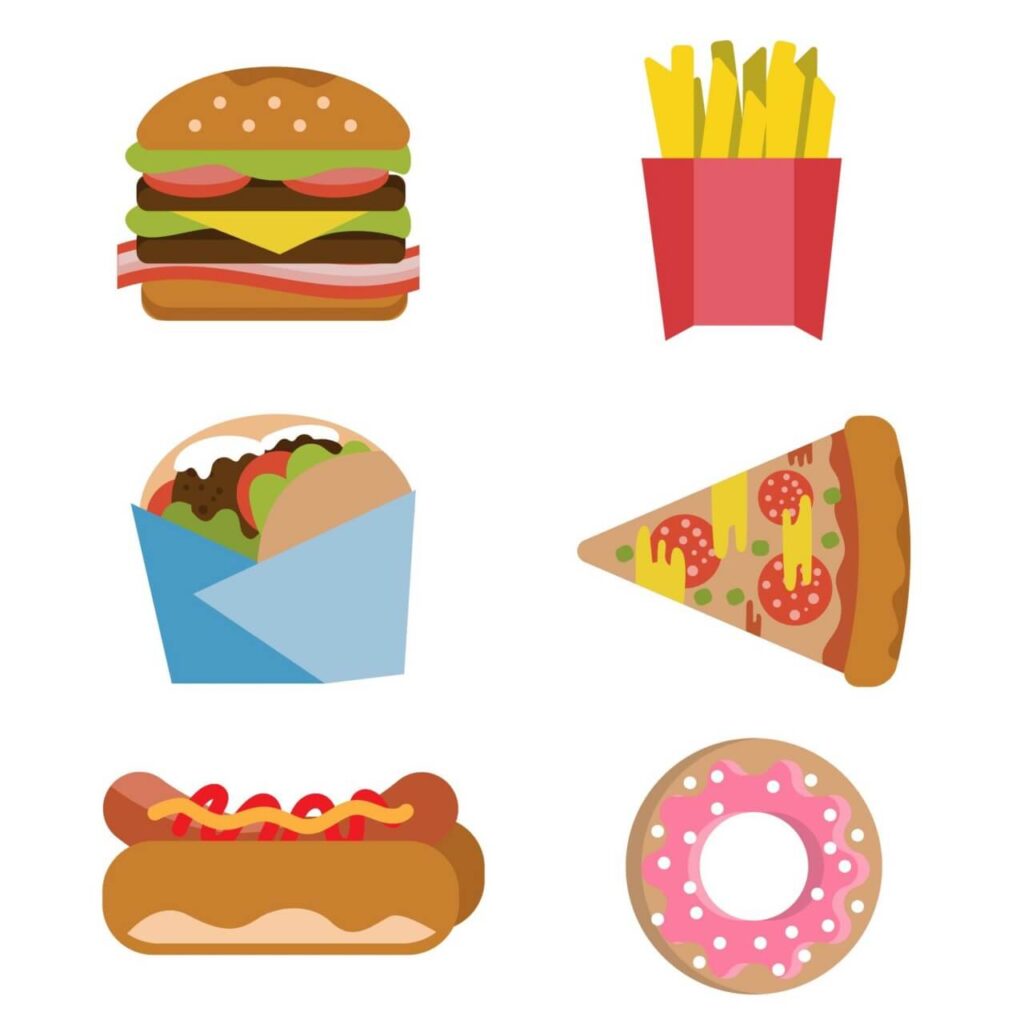 Fast food burger fries hot dog donut flat vector set