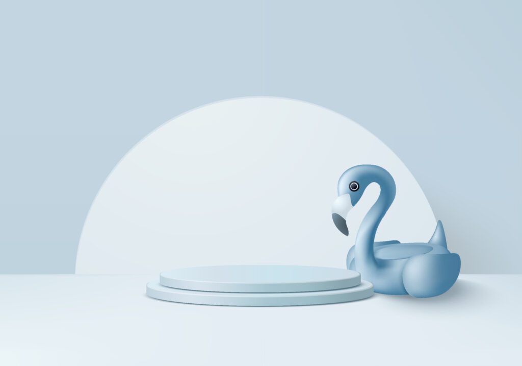 3d background flamingo display podium scene with geometric platform. holiday background vector 3d render with podium. stand to show cosmetic products. Stage summer on pedestal display blue studio Free Vector