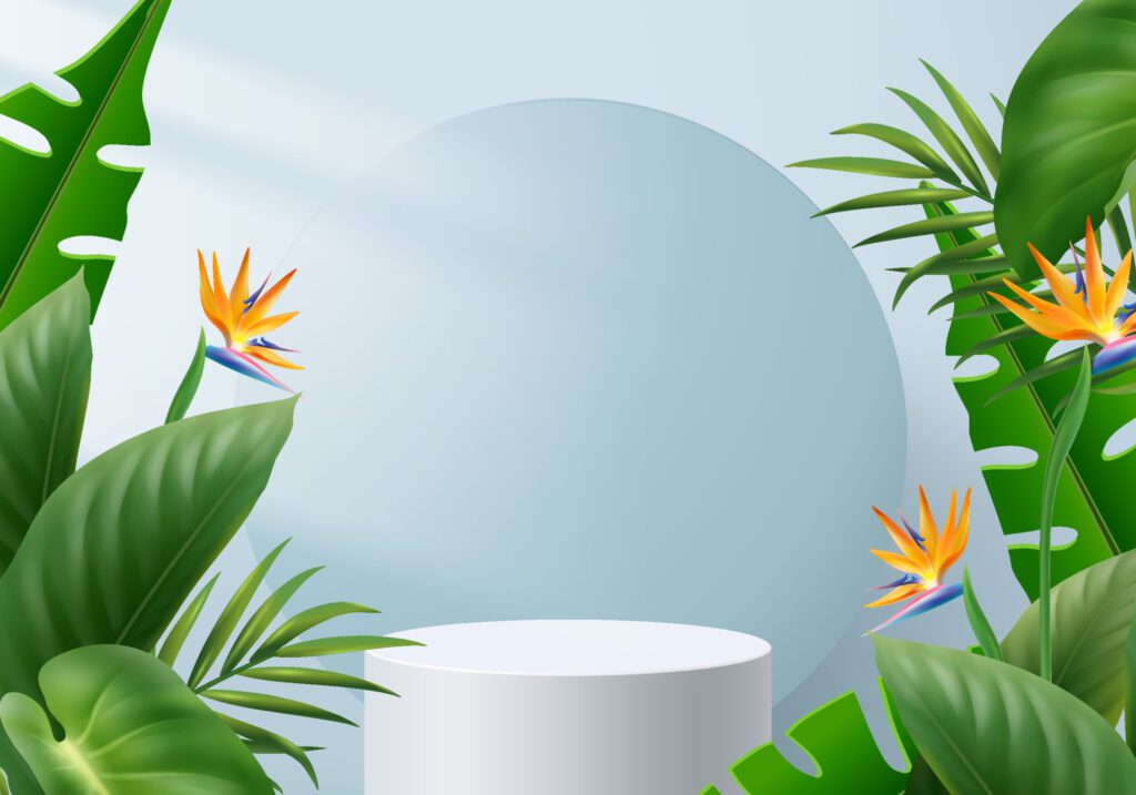 3d blue palm render for summer tropical. background product display podium scene with holiday tropical platform. summer background vector 3d with podium. stand for cosmetic product display Free Vector