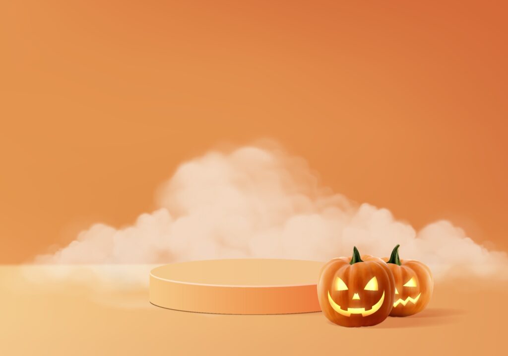 3d halloween minimal smoke and pumpkin podium for products background Free Vector