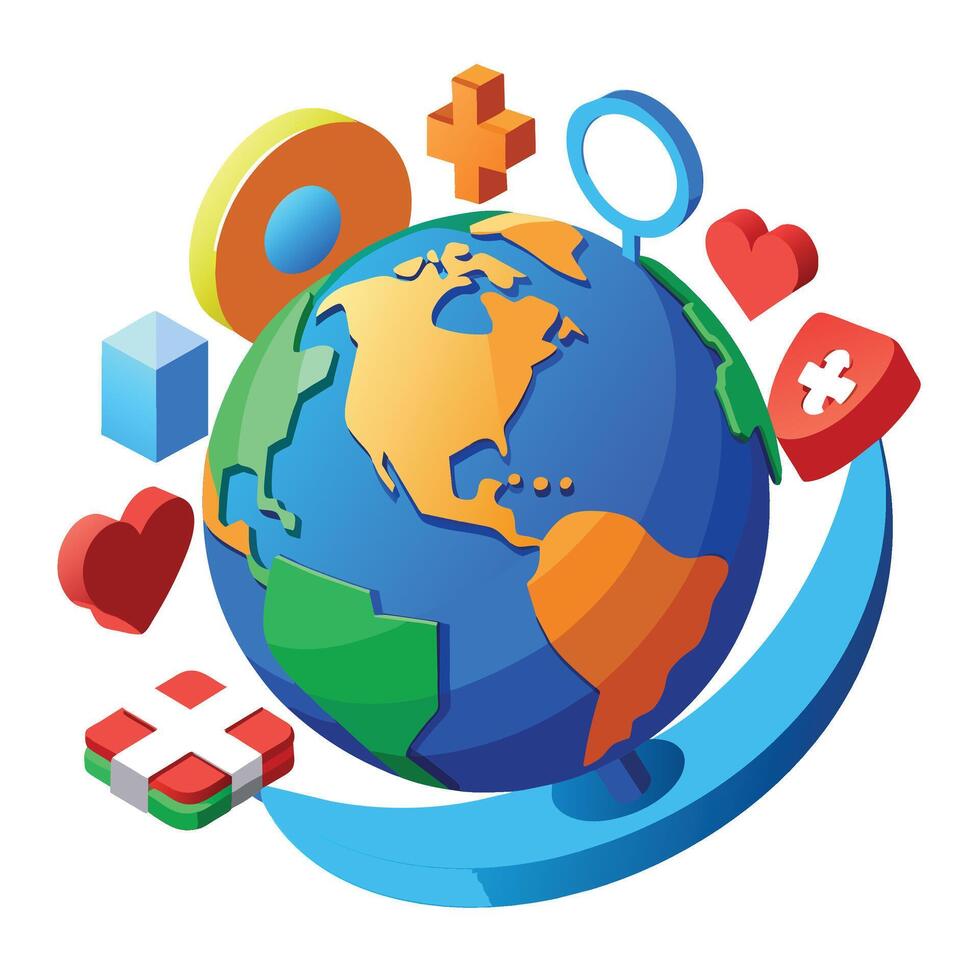 Vector 3d isometric illustration of globe with world map, medical icons and hearts. Stock Free