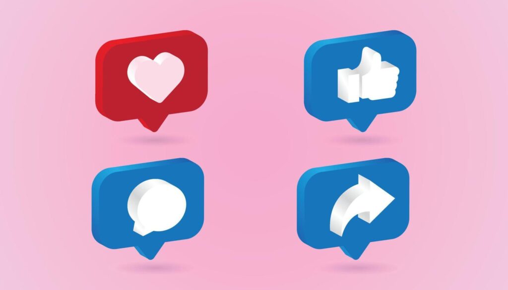 3D Love Like Comment and Share icon with notifications, isolated on pink background. 3D social media notification, Love Like Comment and Share icon design. Vector illustration. Stock Free