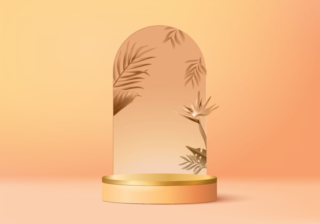 3d orange palm render for summer tropical. background product display podium scene with holiday tropical platform. summer background vector 3d with podium. stand for cosmetic product display Free Vector