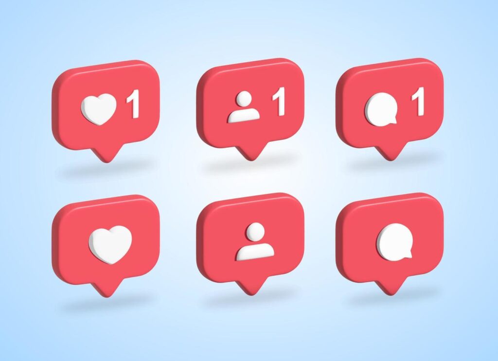 3D social media notification icon set vector, love, like, follow, comment Stock Free and Free SVG