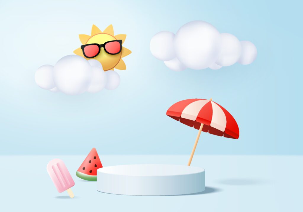 3d summer background product display podium scene with cloud platform. background summer vector 3d render with sun, ice cream, watermelon on podium. stand show cosmetic product display blue studio Free Vector