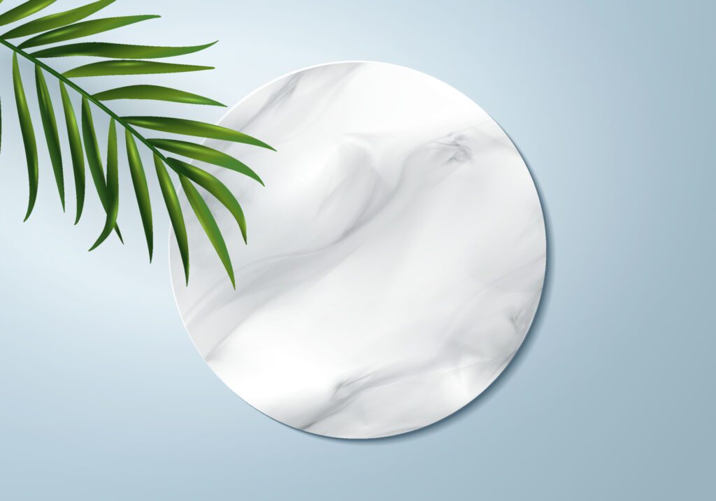 3d summer tropical sale background vector. top view on palm leaves, monstera leaf, 3d background blue for wall framed prints, canvas prints, poster, tropical backdrop. banner promo badge for holiday Free Vector