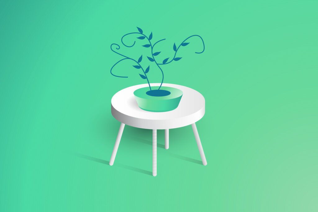 3d table with turquoise green background. Realistic design of the display table component with a flower vase on it Free Vector