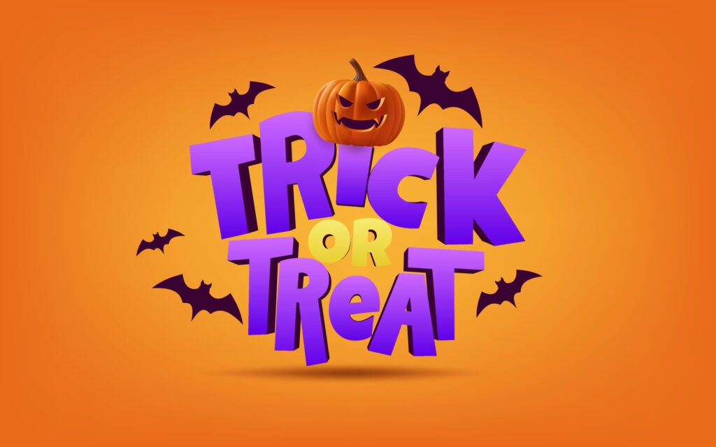 3D Trick or Treat lettering Halloween design. Pumpkin on the orange background and flying bats. Spooky and modern touch, ideal for posters, banners, and holiday decorations. Not . Free Vector