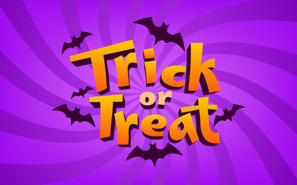 3D Trick or Treat lettering Halloween design. Swirling purple background and bats. Spooky and modern touch, ideal for posters, banners, and holiday decorations. Not . Free Vector