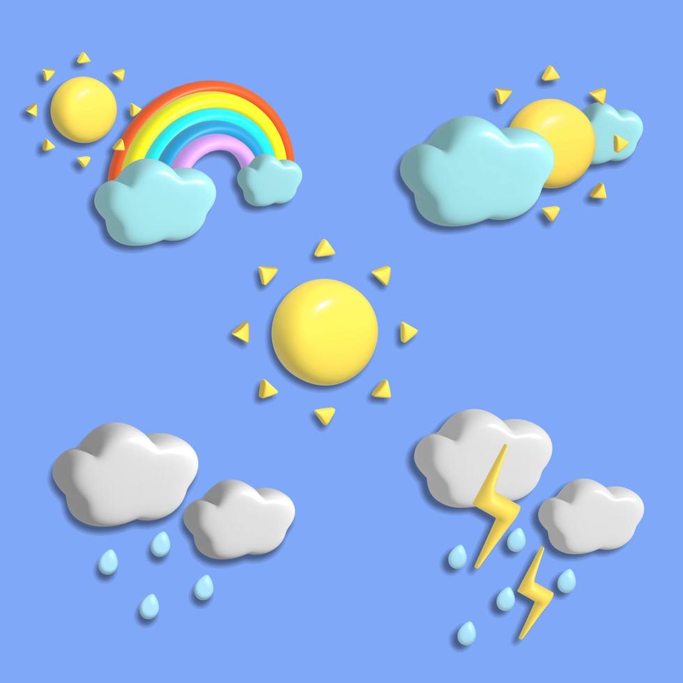 3D weather icon set, sun, cloud, rain and rainbow vector Stock Free