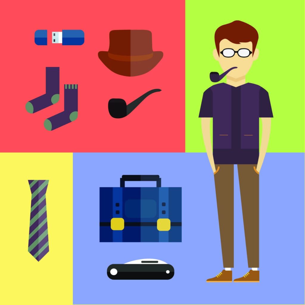 People vector hipster character with tools and objects. Free illustration for design