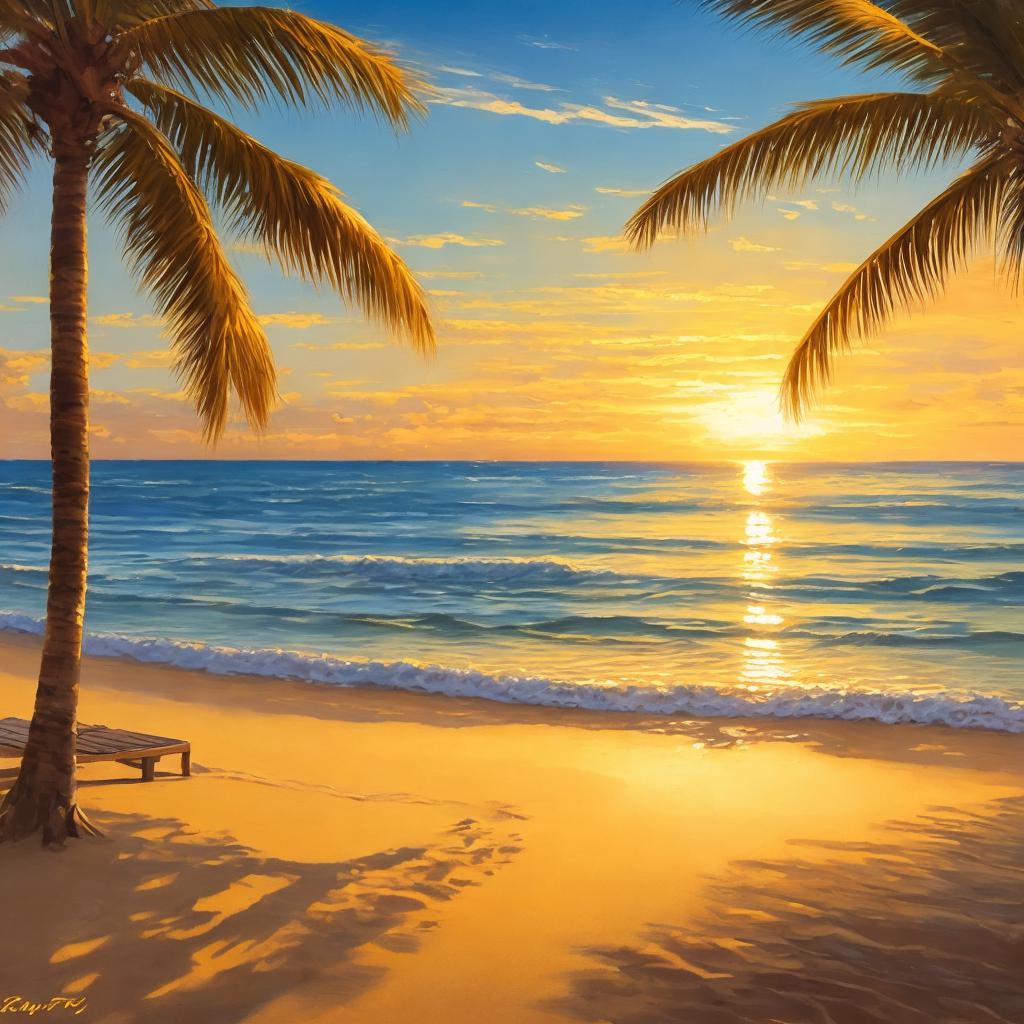 “Sunset beach scene, tranquil, by @ai_generated