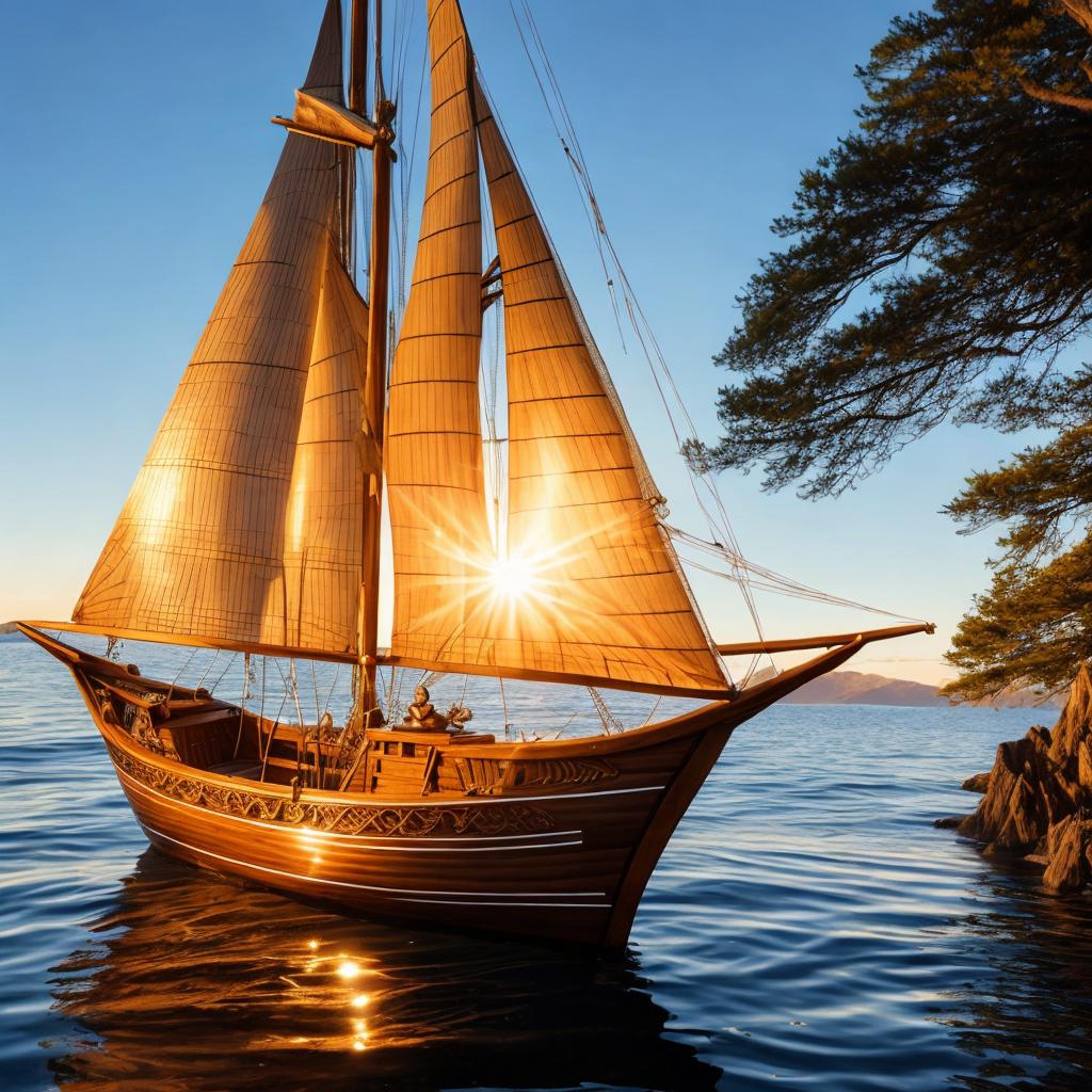 Wooden sailboat, intricate carvings, by @ai_generated