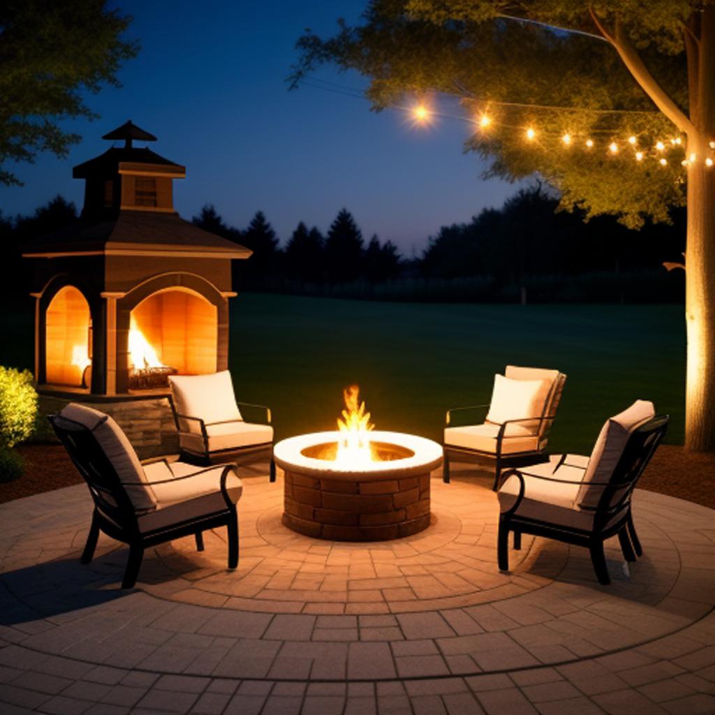 Outdoor fireplace with chairs by @ai_generated