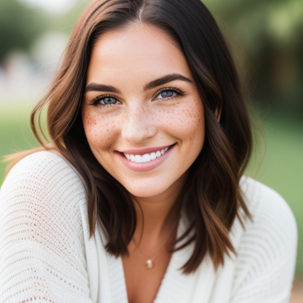 Woman with freckles smiling by @ai_generated