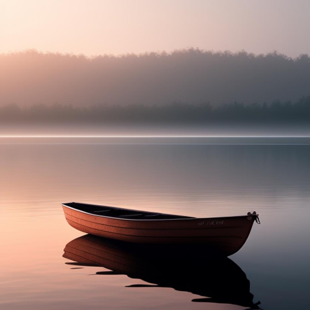 Lonely boat, shimmering water, by @ai_generated