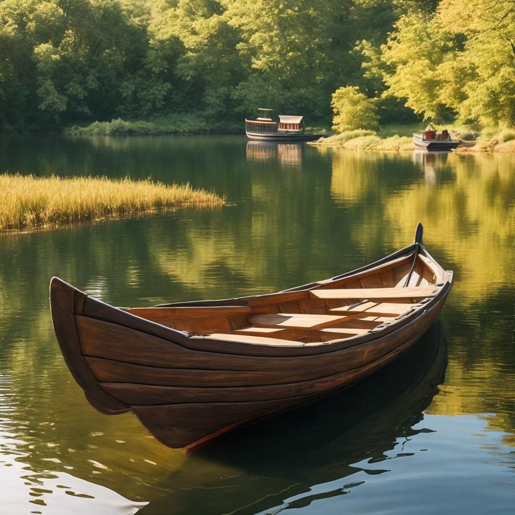 Wooden boat on tranquil by @ai_generated