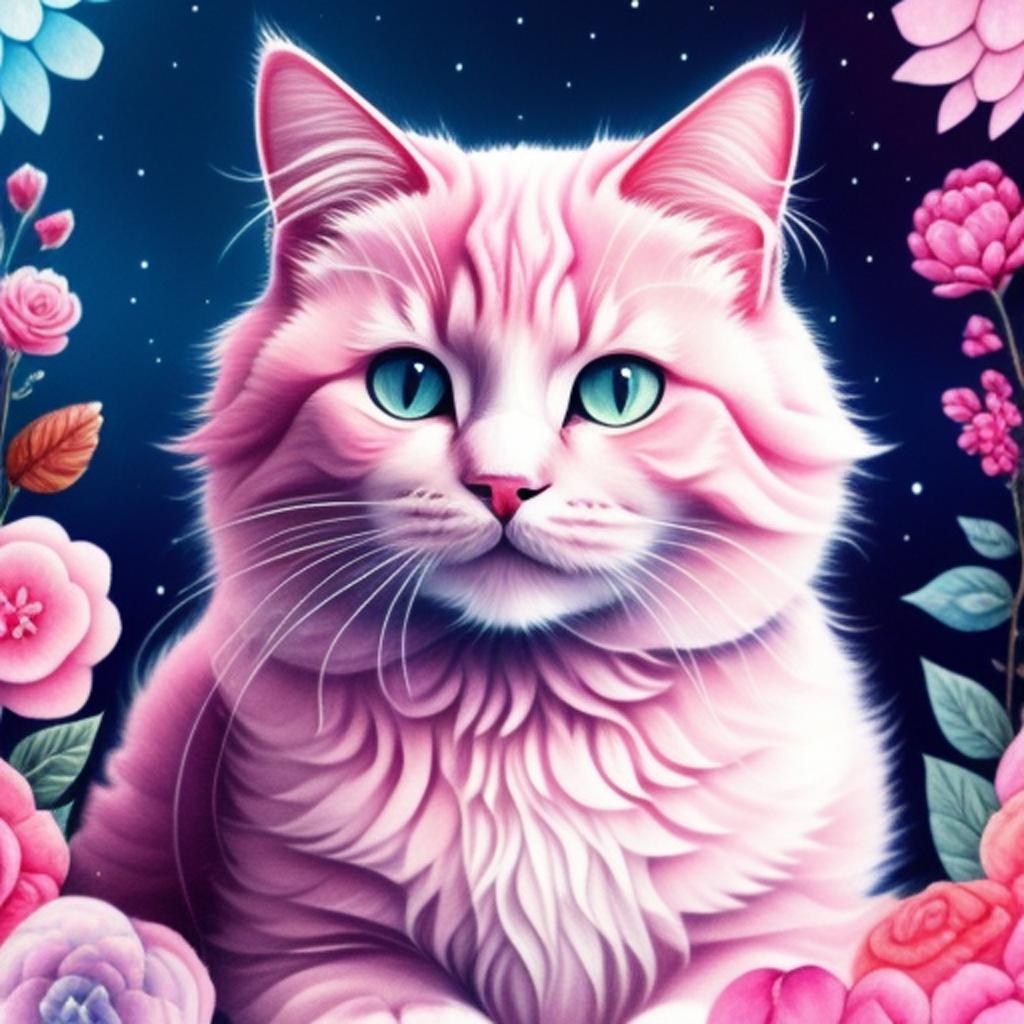 Fluffy pink cat, Illustration, by @ai_generated