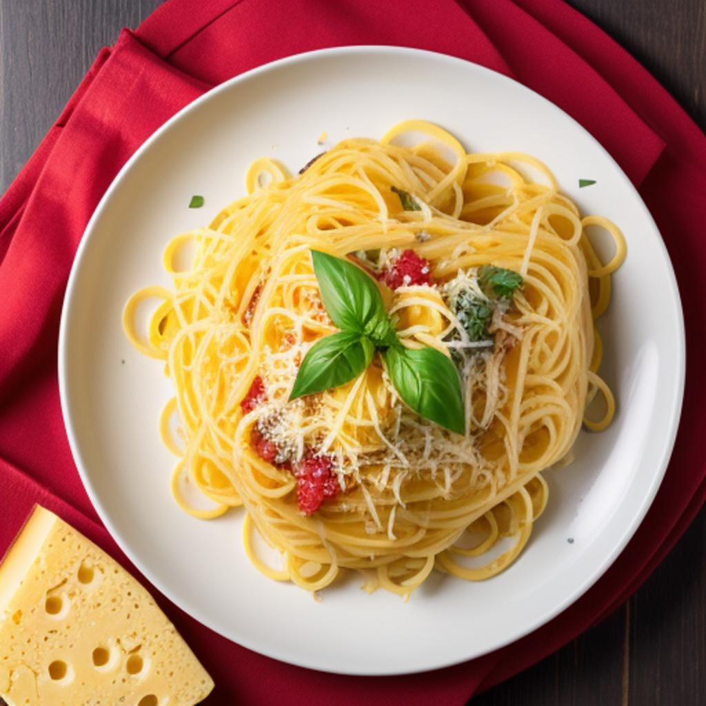 Yellow spaghetti, basil on by @ai_generated