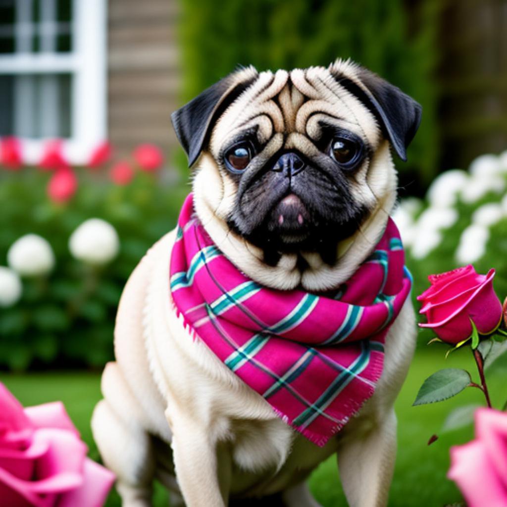 Pug wearing rose tartan by @ai_generated