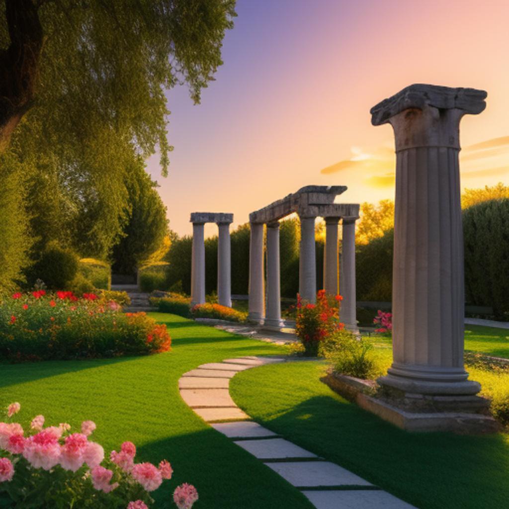 Atardecer jardín con columnas by @ai_generated