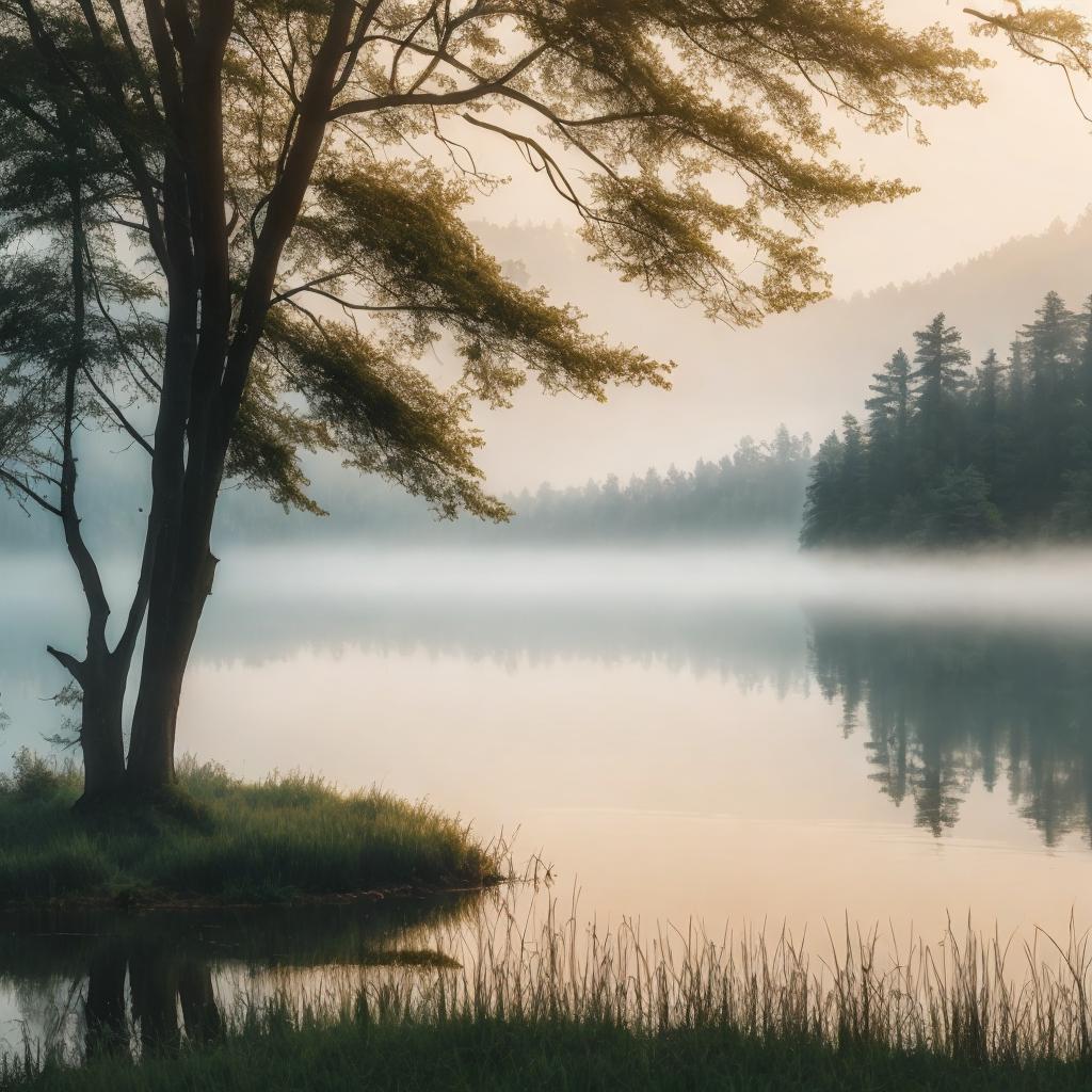 Landscape photo, serene lake by @ai_generated