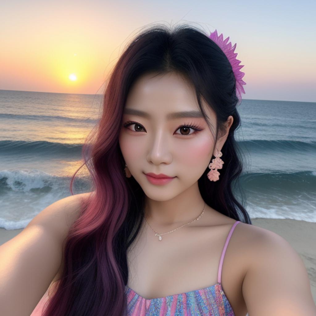 Yeji itzy,aesthetic,menhwa makeup, beach, by @ai_generated