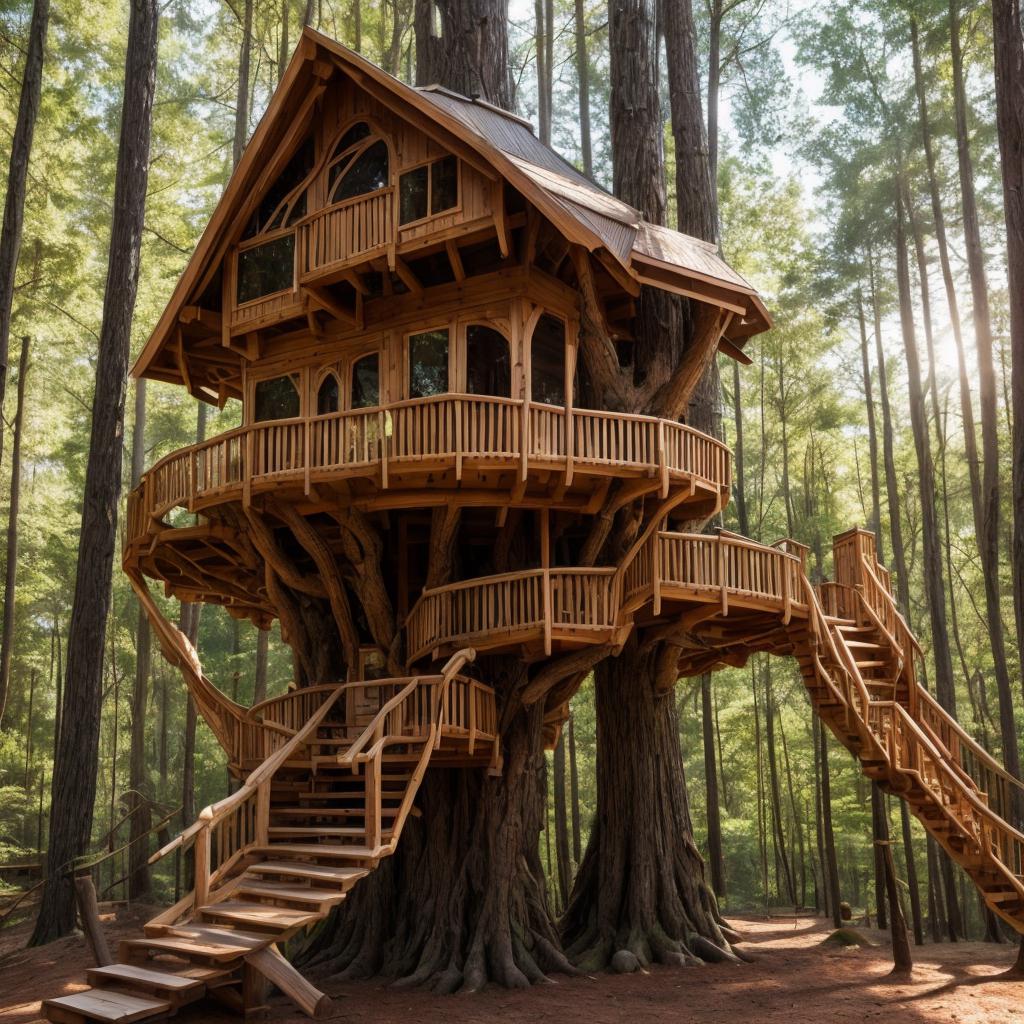 Wooden treehouse, intricate craftsmanship, by @ai_generated