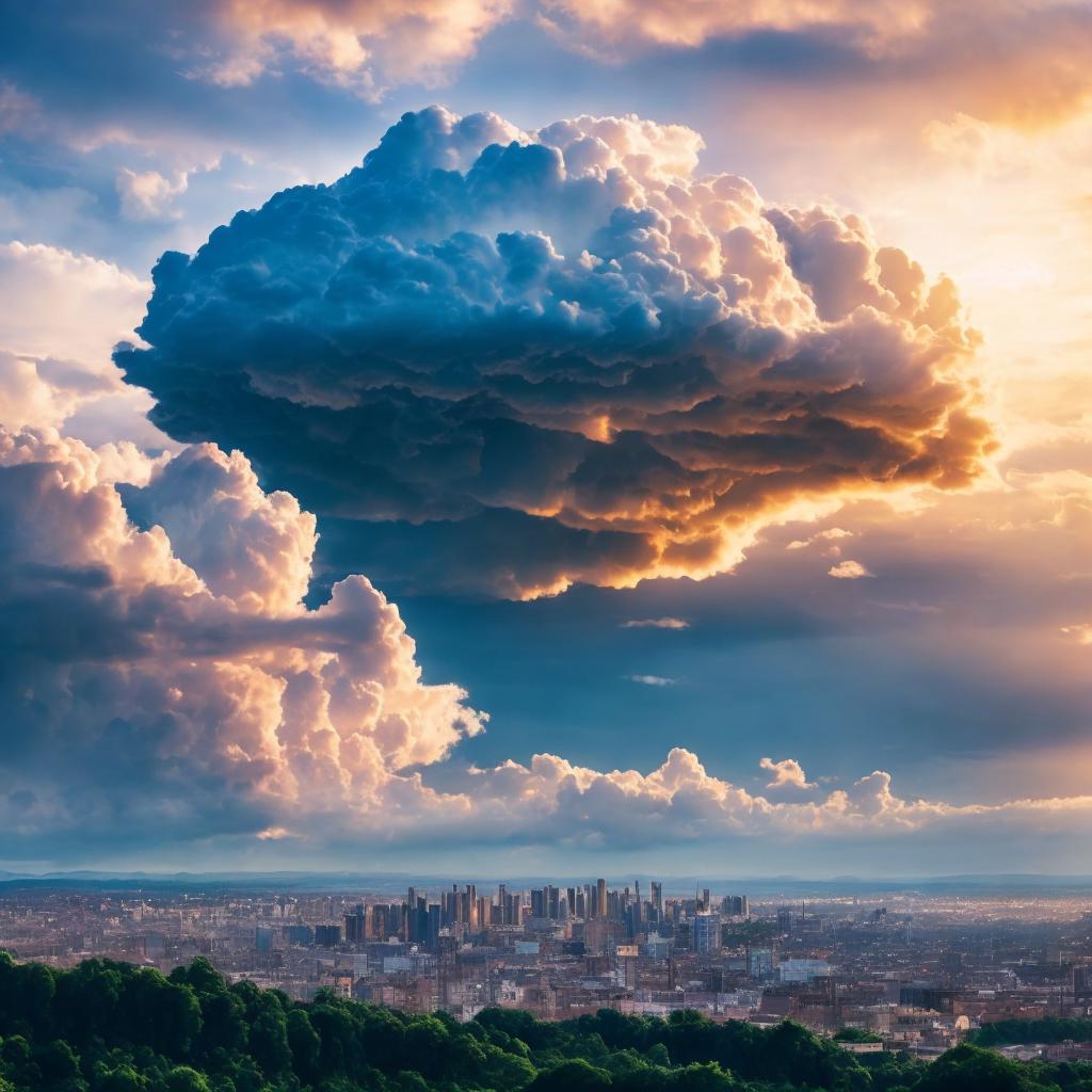 Smiling cloud over city, by @ai_generated