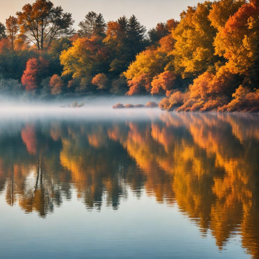 Calm lake scene, misty by @ai_generated