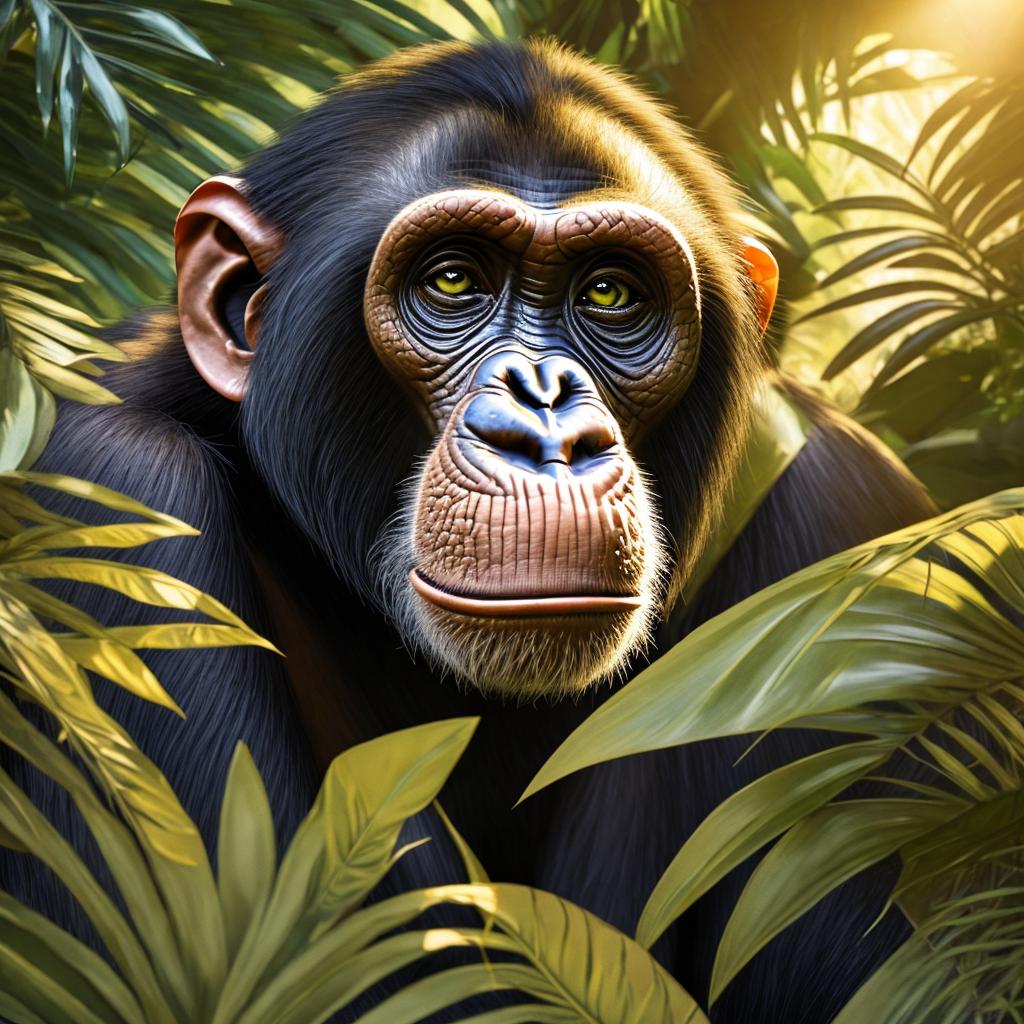 Jungle setting, inquisitive chimpanzee, by @ai_generated