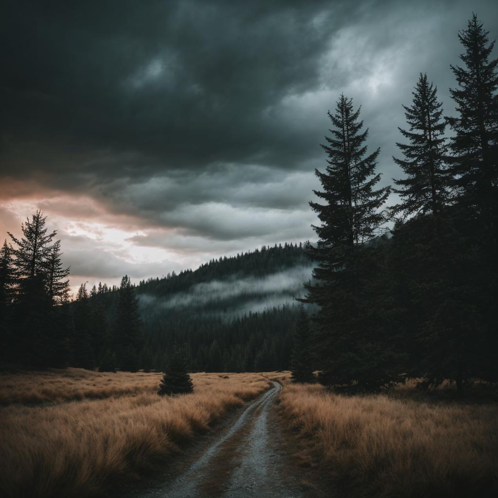 Moody landscape, mysterious conifers, by @ai_generated