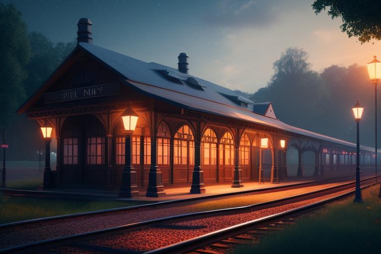 Old railway station।night। 3D, by @ai_generated