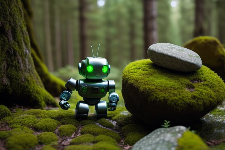 Broken robot, moss, rock, by @ai_generated