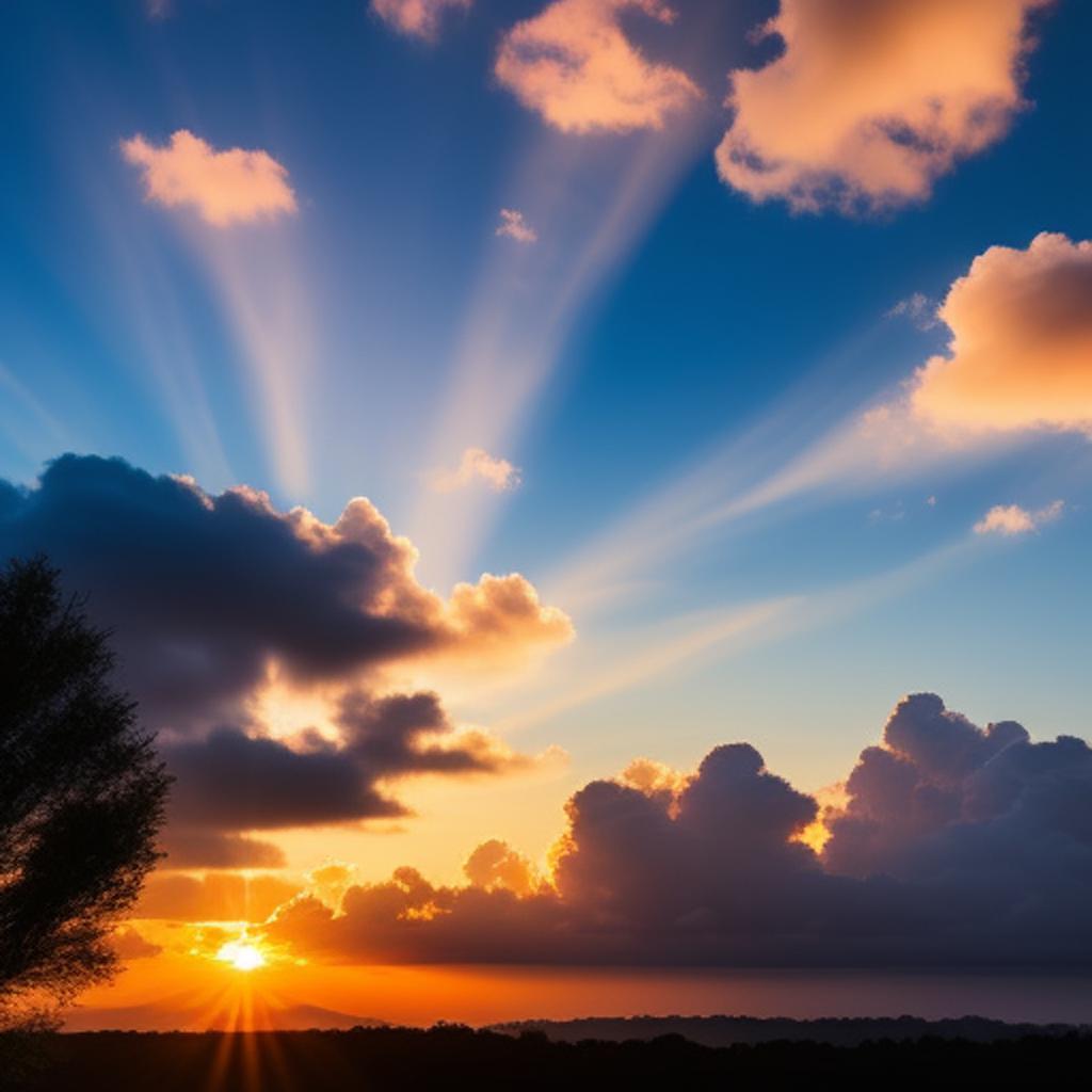 Fluffy clouds at sunset, by @ai_generated