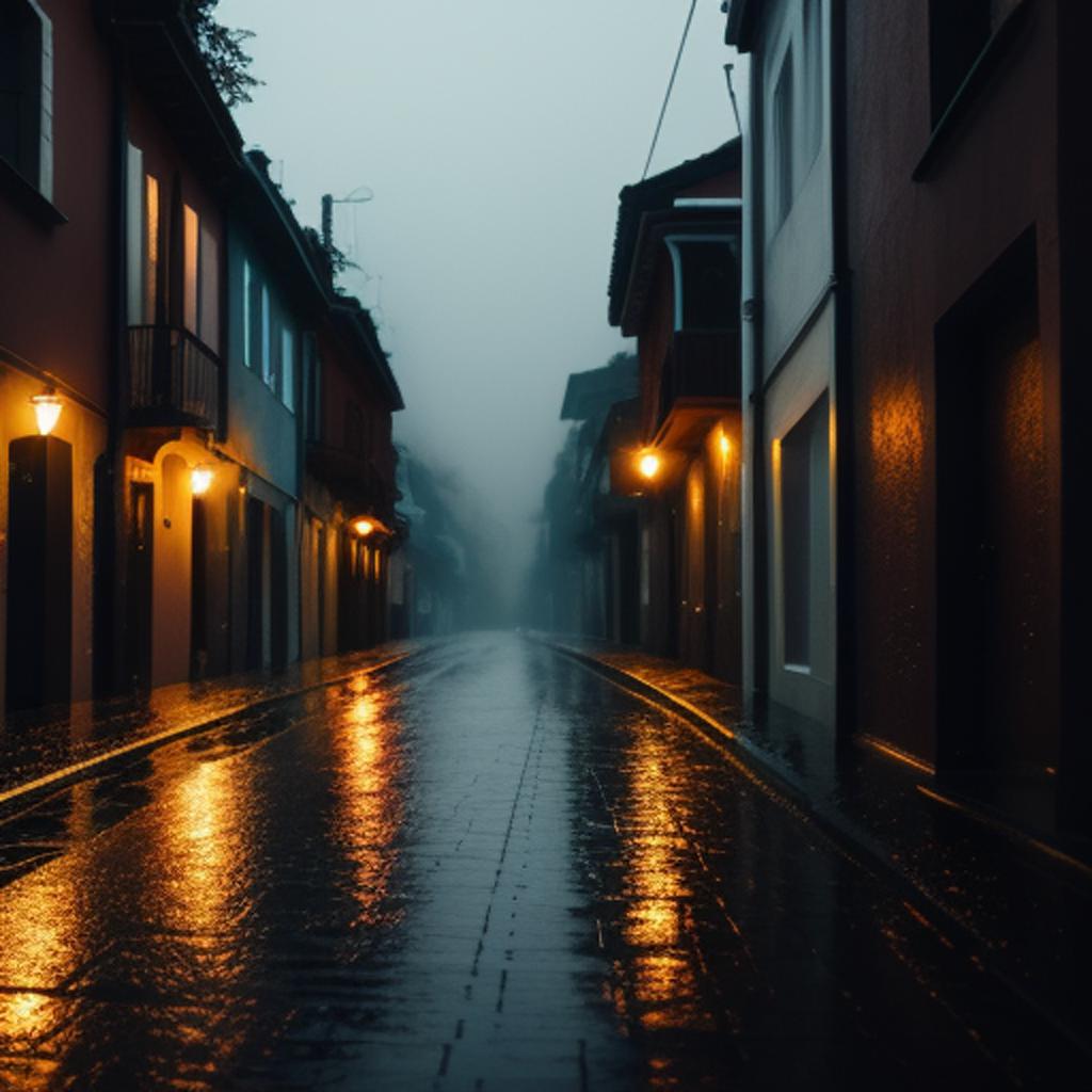 Rainy dark street by by @ai_generated