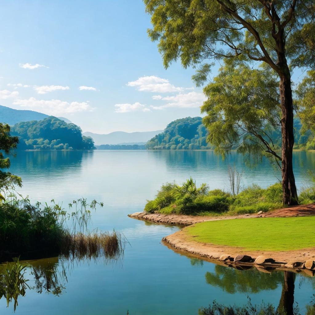 “Lakeside landscape, serene environment, by @ai_generated