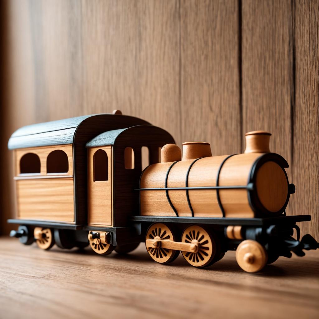 Toy train, wooden finish, by @ai_generated