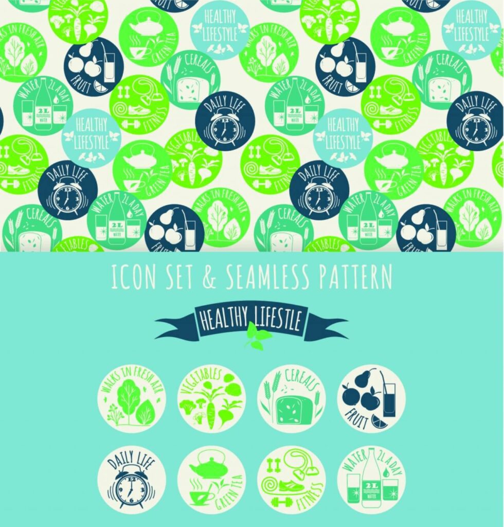 Healthy lifestyle. Icon set and seamless pattern