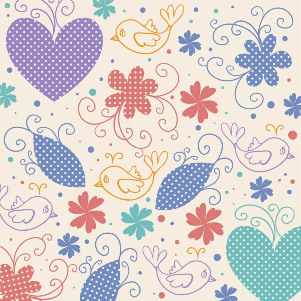 Vector illustration with hearts,birds and flowers